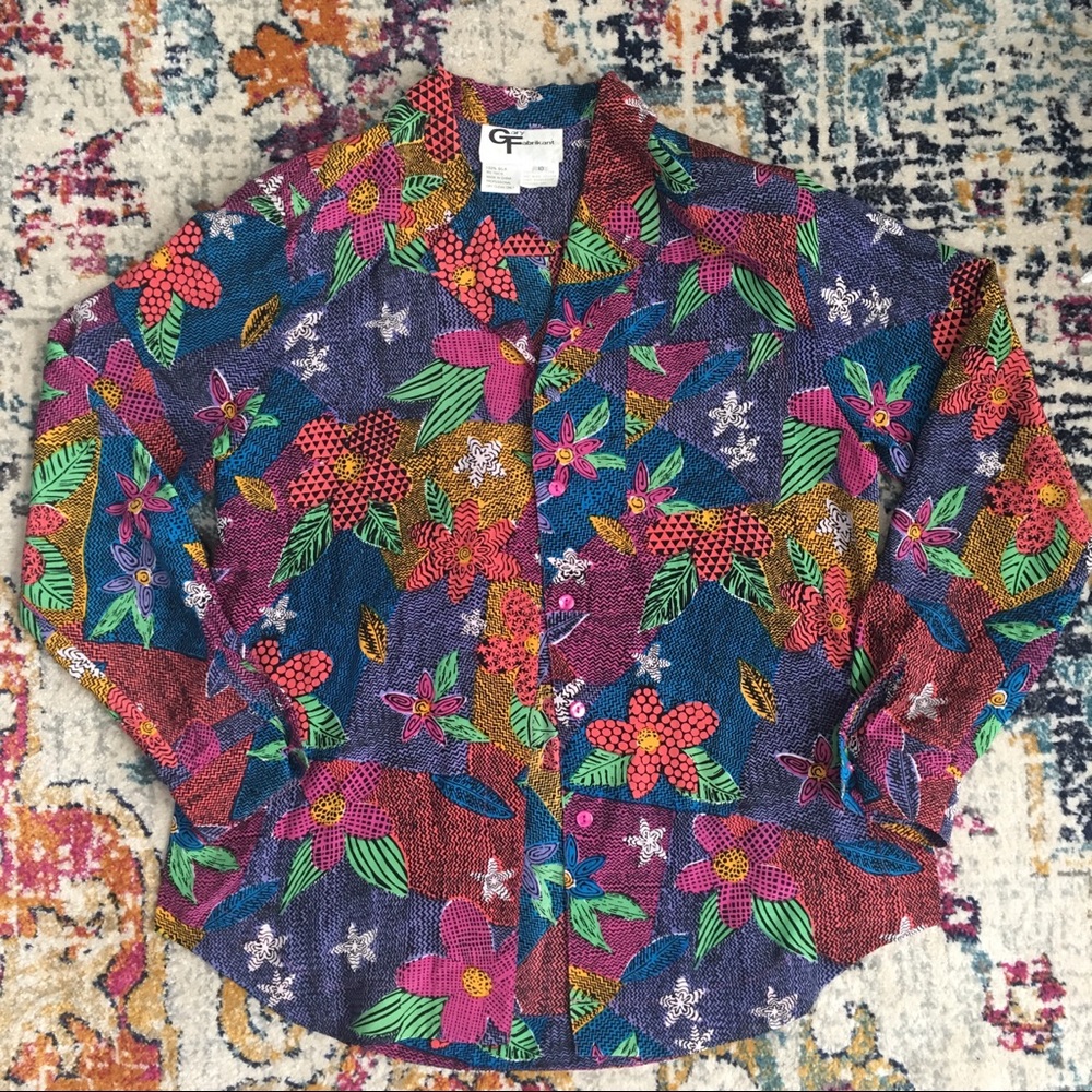 Rare vintage Silk Blouse Bright Novelty Print M L - Picture 7 of 8